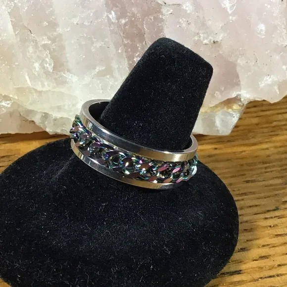 Silver Stainless Steel Rainbow Fidget Chain Band Ring - Picture 3 of 5